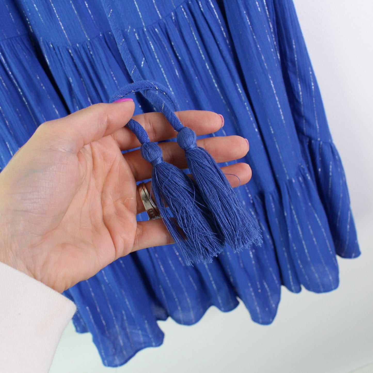 Aqua Metallic Stripe Tiered Mini Dress Cobalt XS