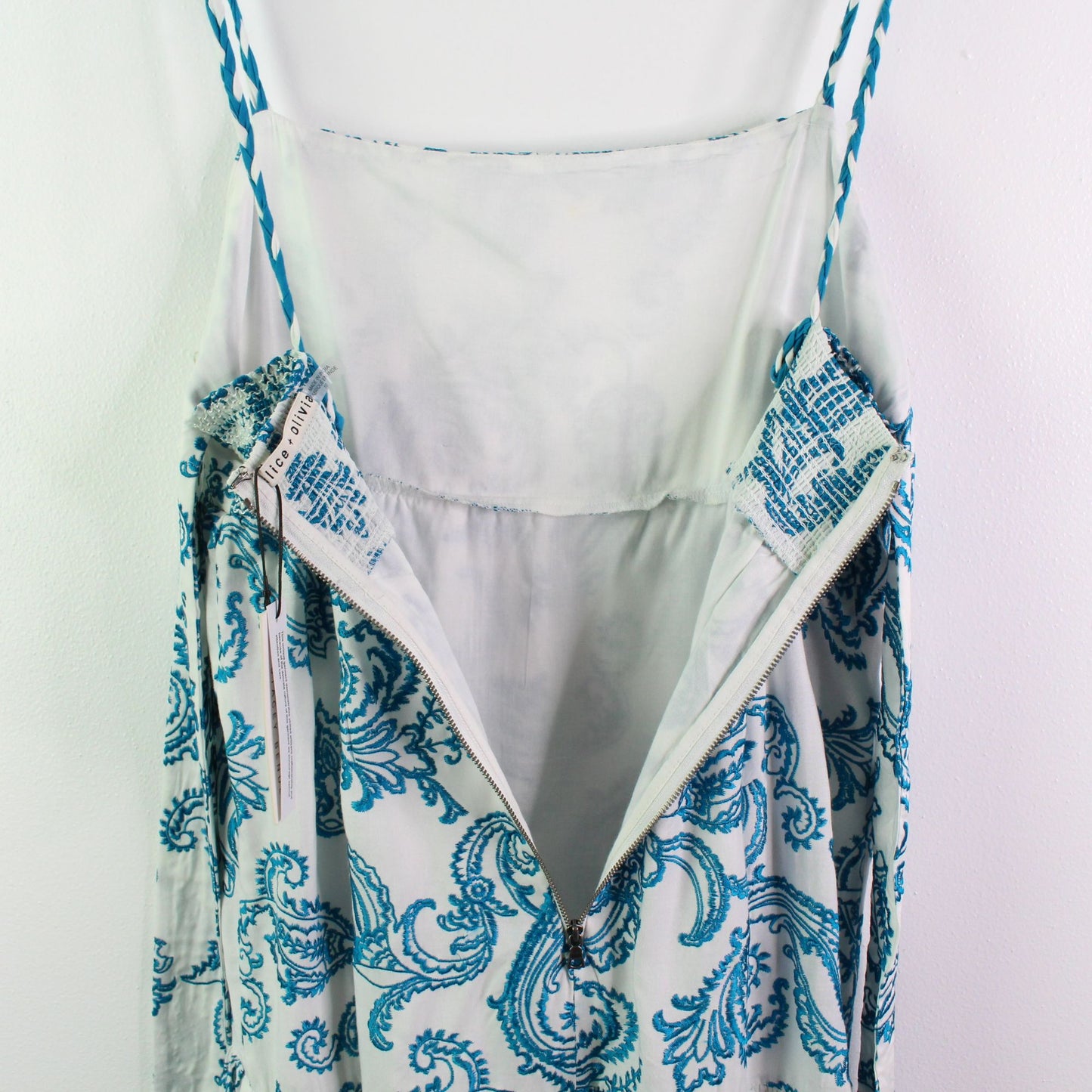 Alice + Olivia Khira Embroidered Strappy Mini Dress White Blue 10