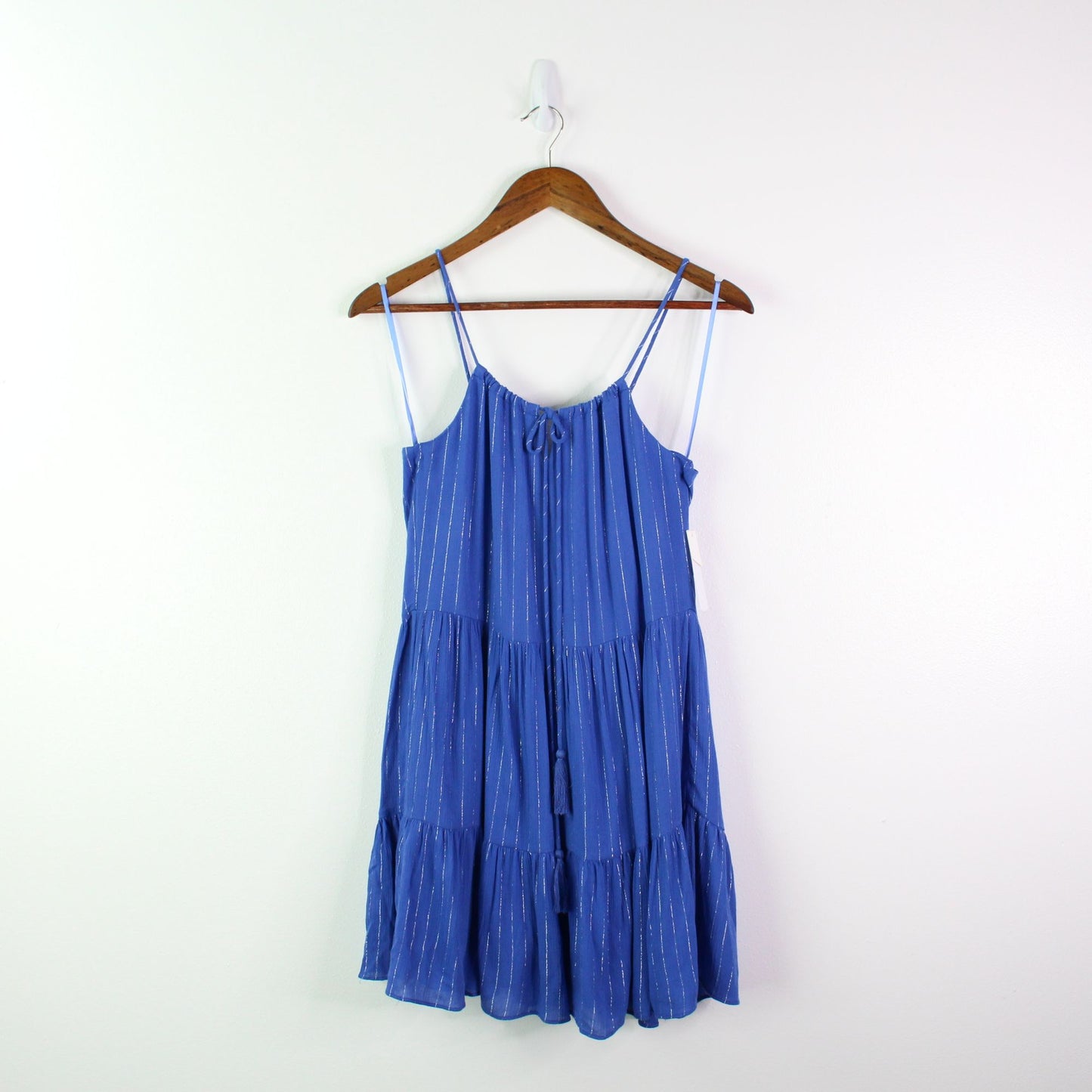 Aqua Metallic Stripe Tiered Mini Dress Cobalt XS