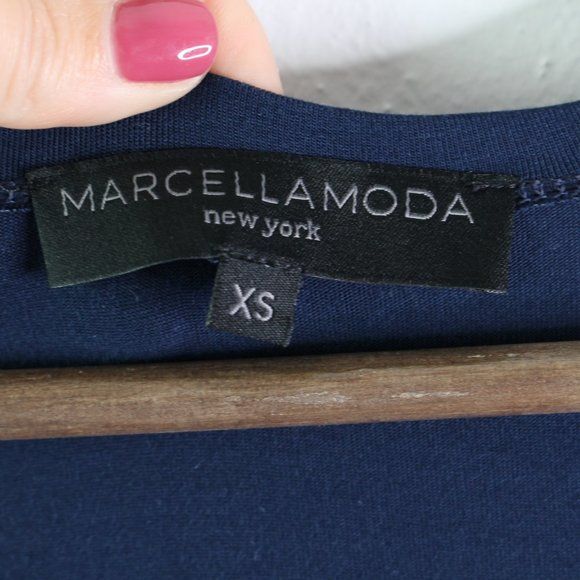 Marcella Moda Ruched Jersey Knit Tulip Hem Midi Dress Navy XS