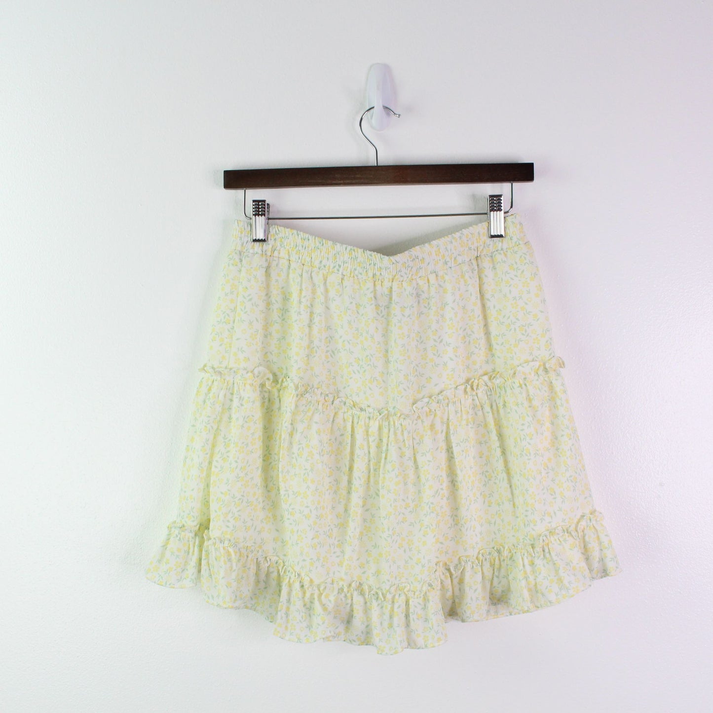 Aqua Tiered Ruffled Floral Chiffon Mini Skirt Yellow M