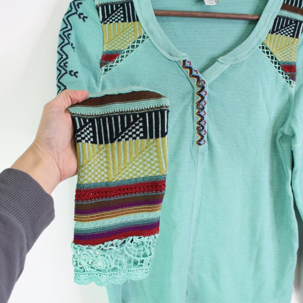 Sundance Aztec Knit Thermal Henley Teal Size S