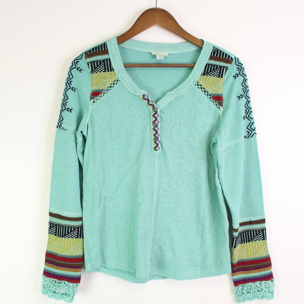 Sundance Aztec Knit Thermal Henley Teal Size S