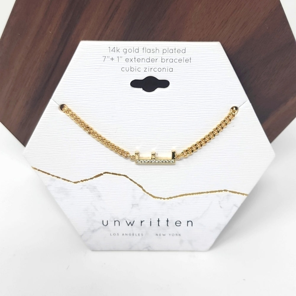 Unwritten Cubic Zirconia Initial Letter E Link Bracelet in Gold Plate 7"