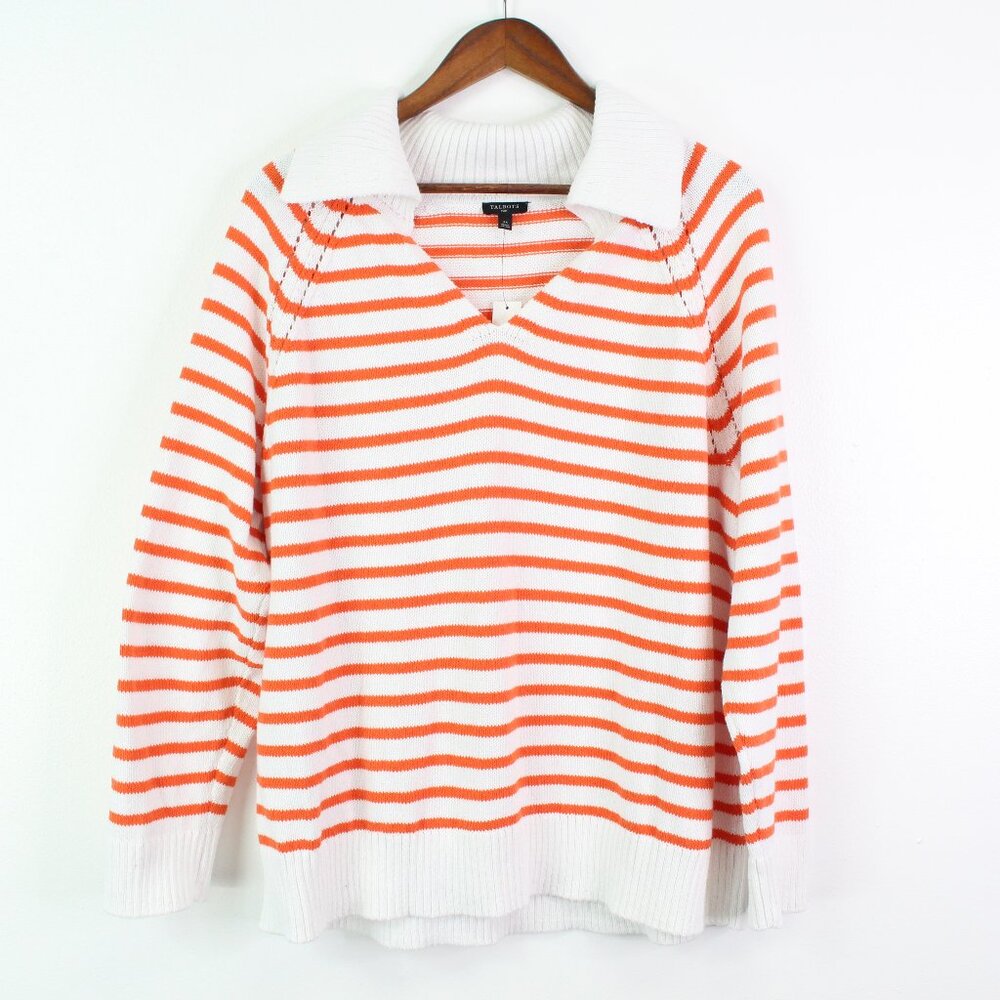 Talbots Johnny Collar Striped Knit Sweater White Orange 2x