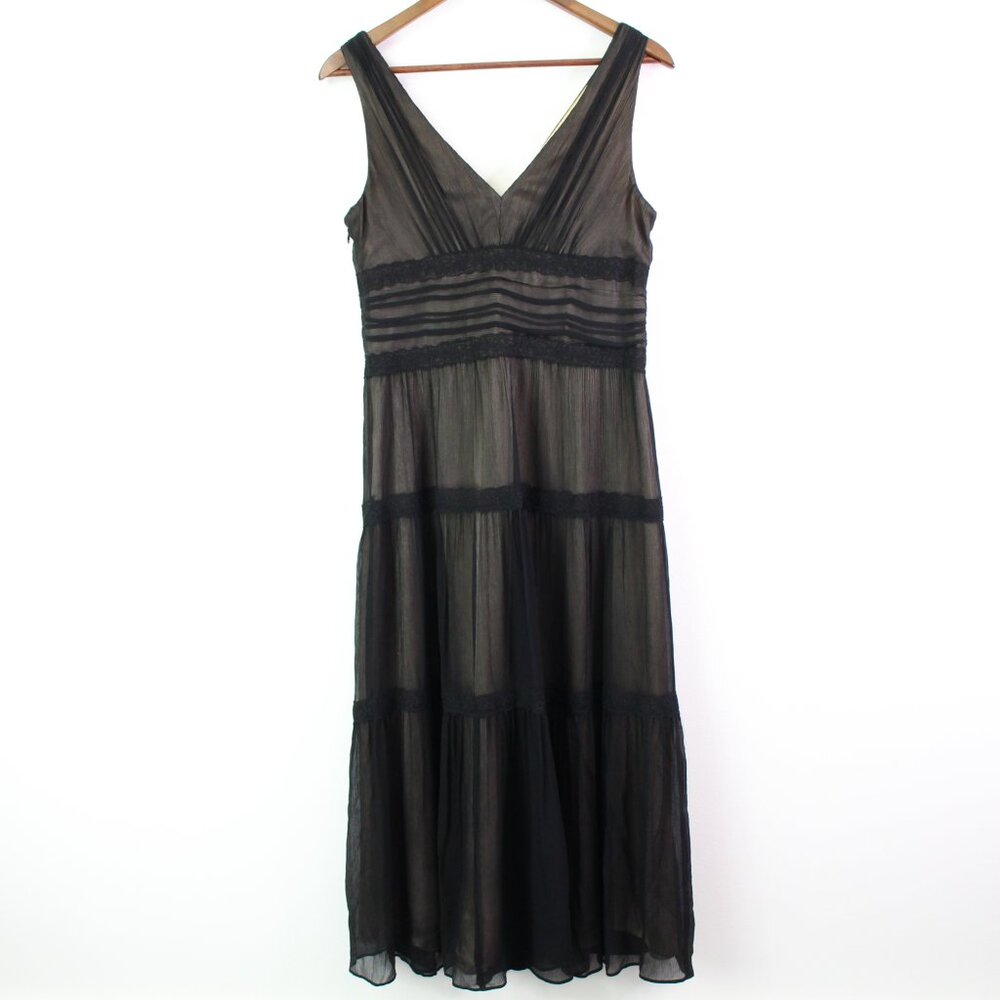 Anne Klein Silk V-Neck Tiered Midi Dress Black Size 10